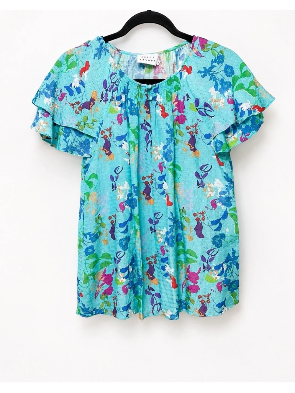 Tanya Taylor Blue Floral Silk Blend Ruffle Short Sleeve Blouse Top Size S - Picture 2 of 5